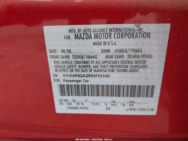Продаж на аукціоні авто 2009 Mazda Mazda6, vin: 1YVHP82A295M10330, номер лоту: 44470403