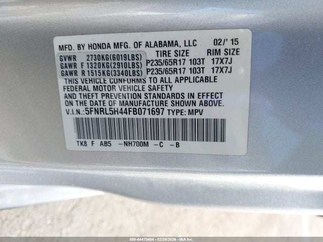 Honda ODYSSEY EX 2015 5FNRL5H44FB071697 Image 9