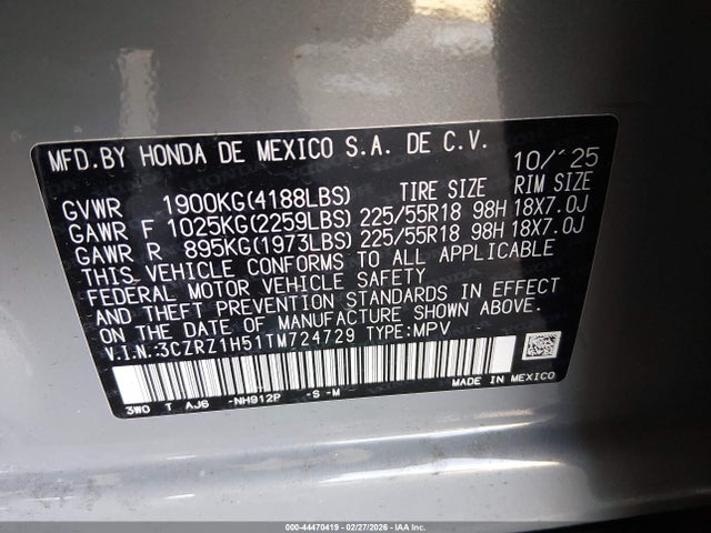 3CZRZ1H51TM724729 Honda Hr-v 2wd Sport