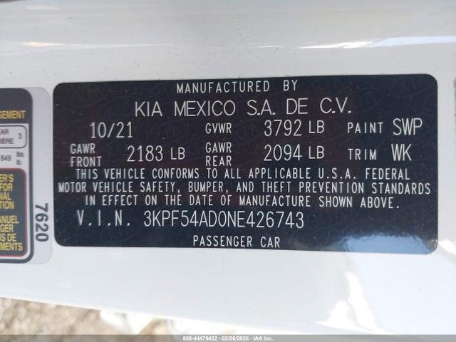 3KPF54AD0NE426743 KIA Forte Gt-line