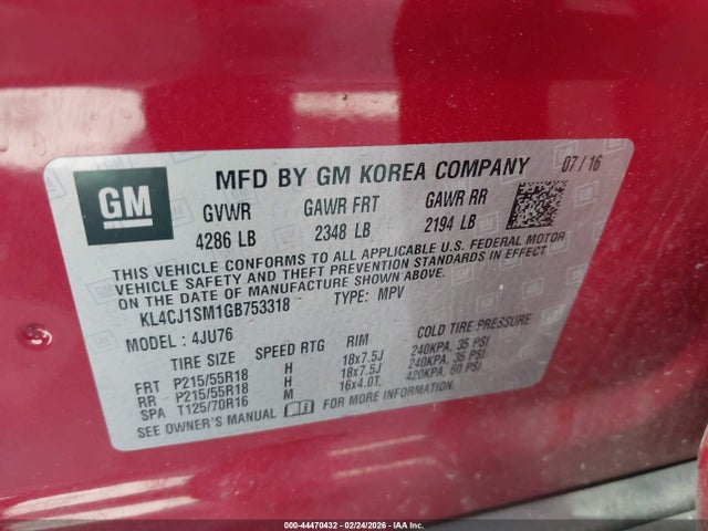 KL4CJ1SM1GB753318 Buick Encore Sport Touring