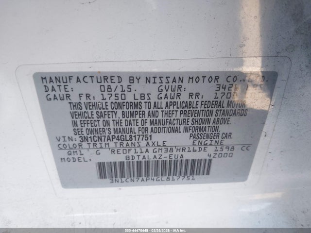 Nissan Versa 1.6 S+ 2016 3N1CN7AP4GL817751 Image 9