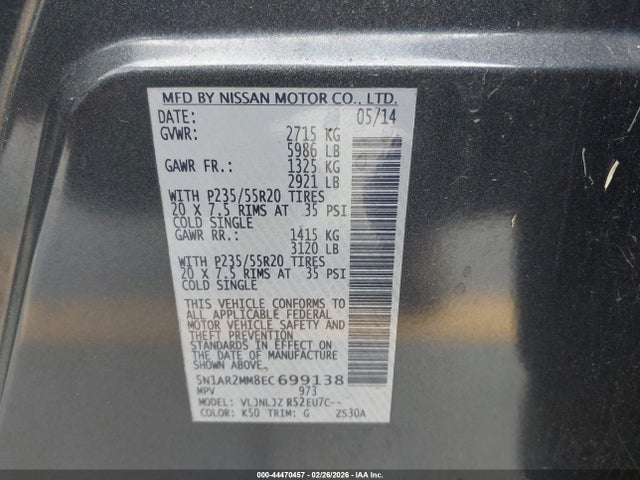 Nissan Pathfinder Platinum 2014 5N1AR2MM8EC699138 Image 9