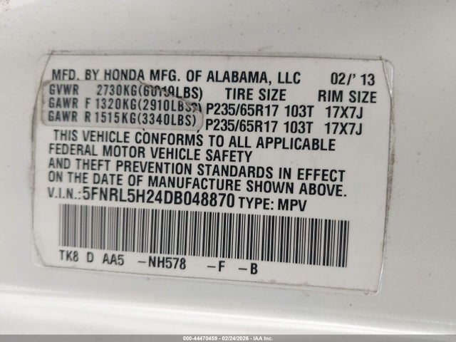 2013 Honda Odyssey Lx მანქანა იყიდება აუქციონზე, vin: 5FNRL5H24DB048870, აუქციონის ნომერი: 44470459