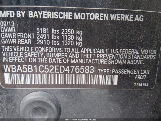 44470499 :رقم المزاد ، WBA5B1C52ED476583 vin ، 2014 Bmw 535i مزاد بيع