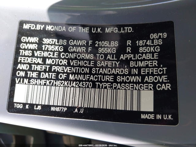 SHHFK7H62KU424370 Honda CIVIC EX