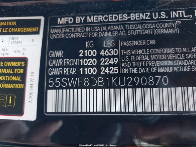 44470503 :رقم المزاد ، 55SWF8DB1KU290870 vin ، 2019 Mercedes-benz C 300 مزاد بيع
