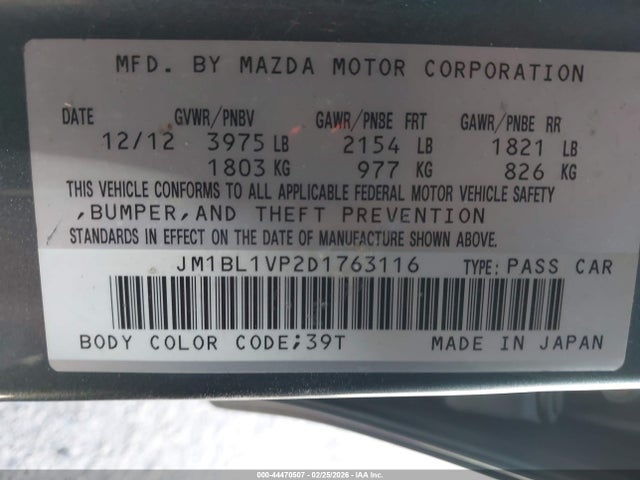 Aukcja sprzedaży 2013 Mazda Mazda3, vin: JM1BL1VP2D1763116, numer aukcji: 44470507