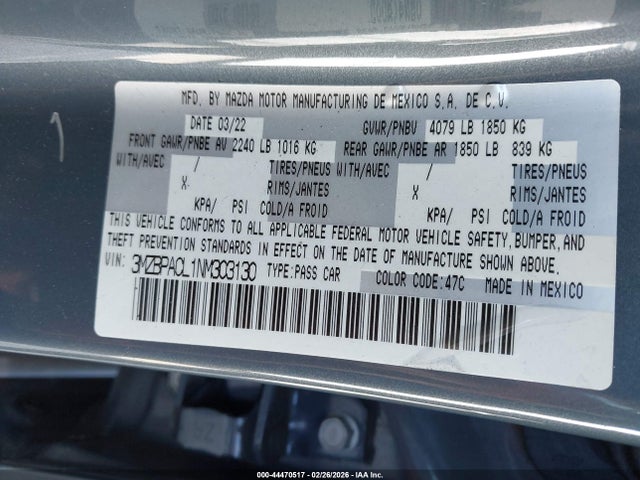 3MZBPACL1NM303130 Mazda Mazda3 Carbon Edition