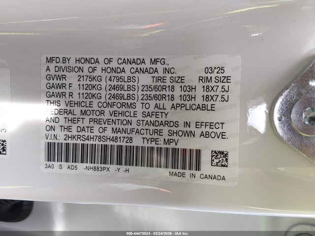 Продажа на аукционе авто 2025 Honda Cr-v Ex-l Awd, vin: 2HKRS4H78SH481728, номер лота: 44470524