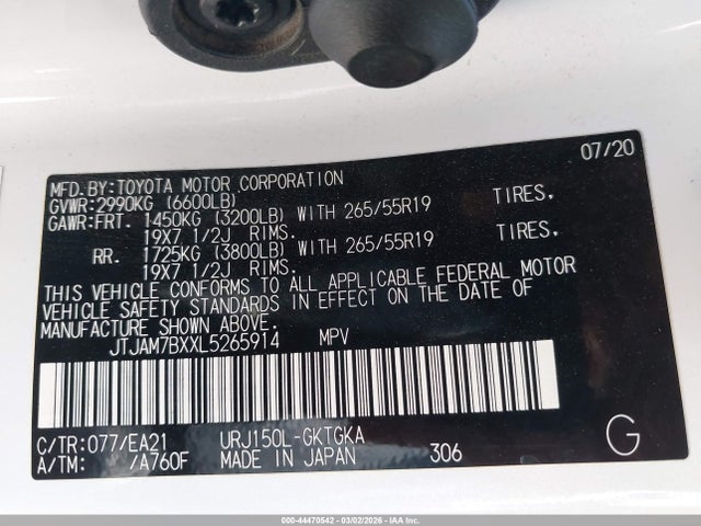 44470542 :رقم المزاد ، JTJAM7BXXL5265914 vin ، 2020 Lexus Gx 460 Premium مزاد بيع