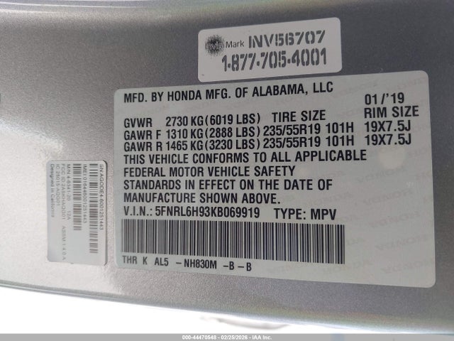 Honda Odyssey Elite 2019 5FNRL6H93KB069919 Image 9