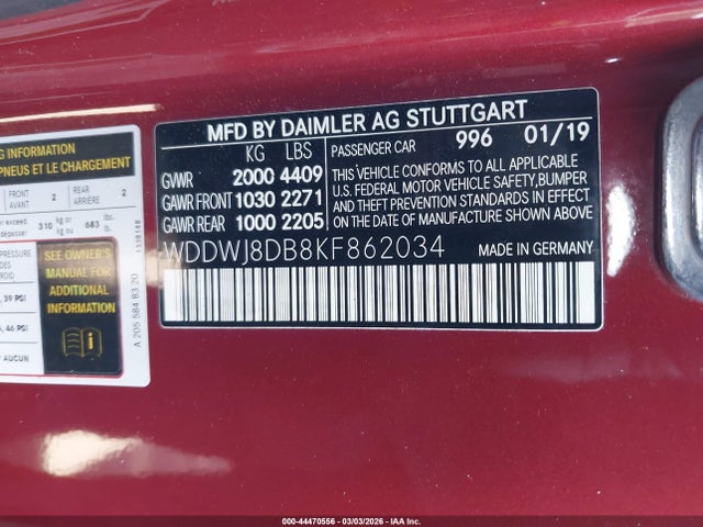 2019 Mercedes-benz C 300 მანქანა იყიდება აუქციონზე, vin: WDDWJ8DB8KF862034, აუქციონის ნომერი: 44470556