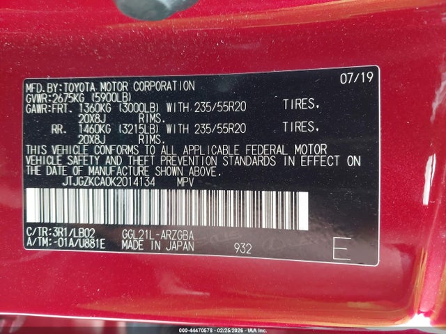 44470578 :رقم المزاد ، JTJGZKCA0K2014134 vin ، 2019 Lexus Rx 350l Premium مزاد بيع