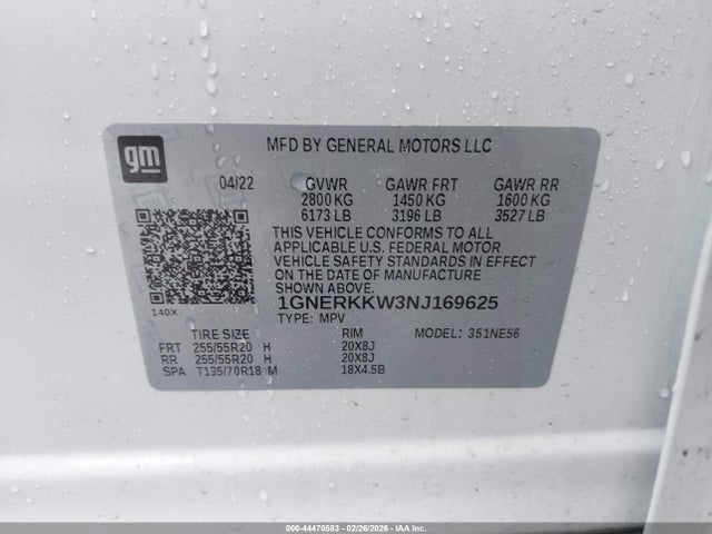 1GNERKKW3NJ169625 Chevrolet Traverse Fwd Premier
