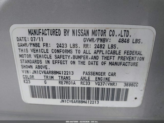 Aukcja sprzedaży 2011 Infiniti G37x, vin: JN1CV6AR8BM412213, numer aukcji: 44470590