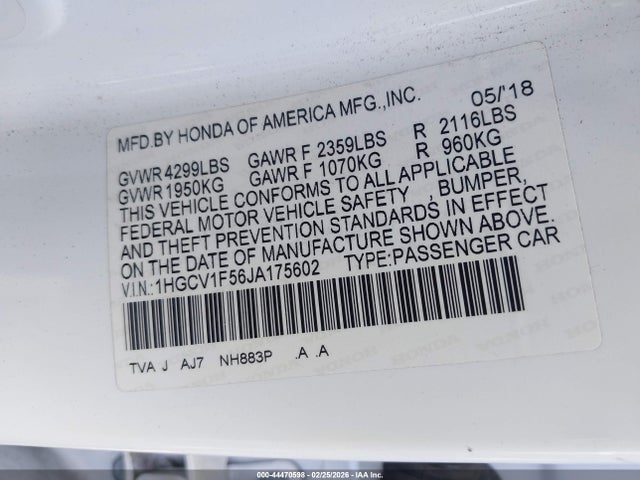 1HGCV1F56JA175602 Honda Accord Ex-l