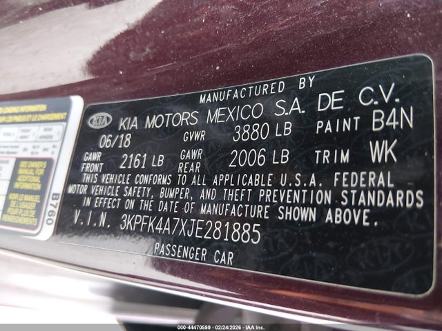 3KPFK4A7XJE281885 KIA FORTE LX