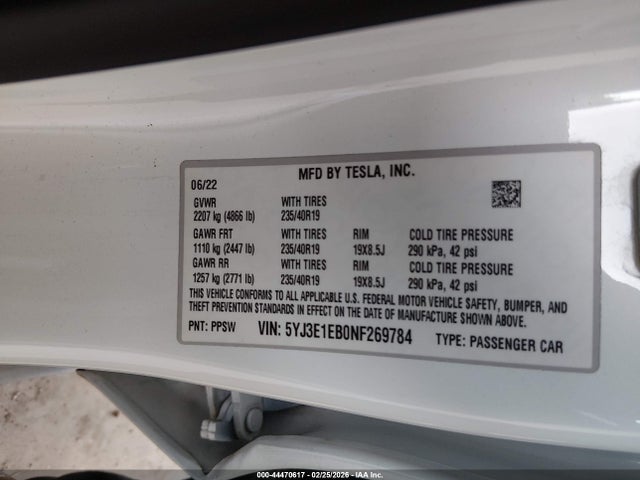 5YJ3E1EB0NF269784 Tesla Model 3 Long Range Dual Motor All-wheel Drive