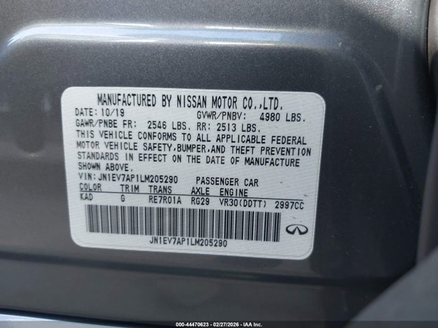 44470623 :رقم المزاد ، JN1EV7AP1LM205290 vin ، 2020 Infiniti Q50 Luxe مزاد بيع