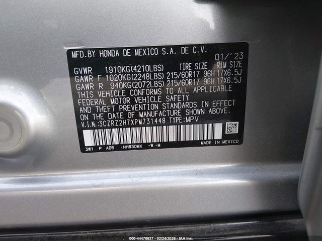 3CZRZ2H7XPM731448 Honda Hr-v Awd Ex-l