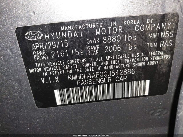 Продажа на аукционе авто 2016 Hyundai Elantra Se, vin: KMHDH4AE0GU542886, номер лота: 44470635