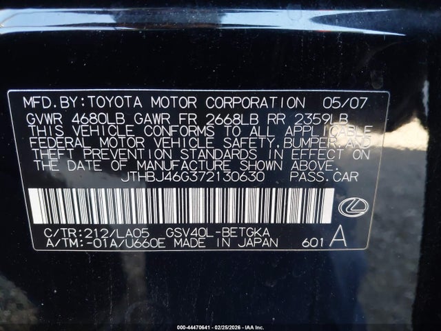44470641 :رقم المزاد ، JTHBJ46G372130630 vin ، 2007 Lexus Es 350 مزاد بيع