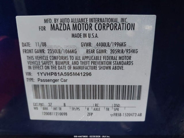 2009 Mazda Mazda6 I Sport მანქანა იყიდება აუქციონზე, vin: 1YVHP81A595M41296, აუქციონის ნომერი: 44470650