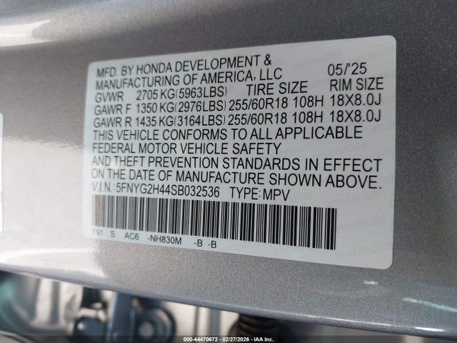 Aukcja sprzedaży 2025 Honda Pilot Ex-l, vin: 5FNYG2H44SB032536, numer aukcji: 44470672