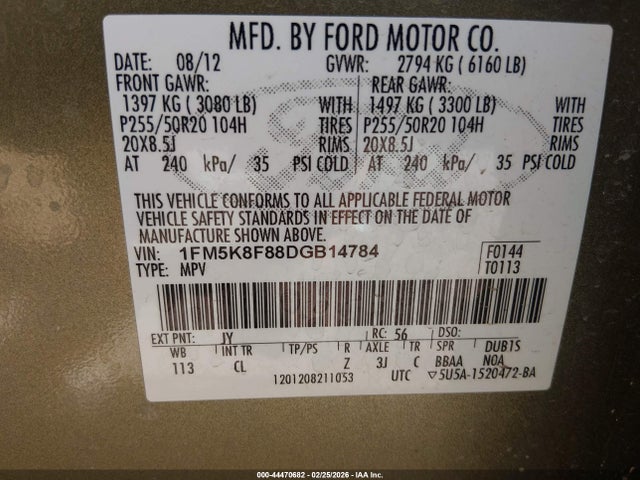 2013 Ford Explorer Limited მანქანა იყიდება აუქციონზე, vin: 1FM5K8F88DGB14784, აუქციონის ნომერი: 44470682