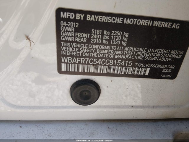 Продажа на аукционе авто 2012 Bmw 535i, vin: WBAFR7C54CC815415, номер лота: 44470714