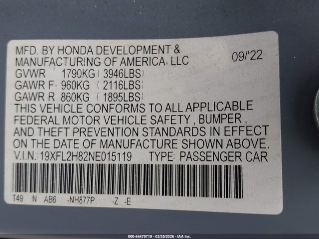 19XFL2H82NE015119 Honda Civic Sport