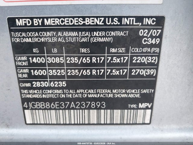 2007 Mercedes-benz Ml 350 4matic მანქანა იყიდება აუქციონზე, vin: 4JGBB86E37A237893, აუქციონის ნომერი: 44470738