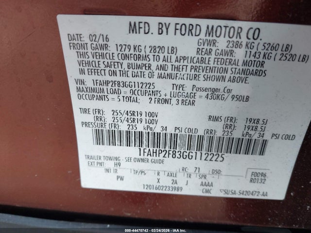 Ford Taurus Limited 2016 1FAHP2F83GG112225 Image 9