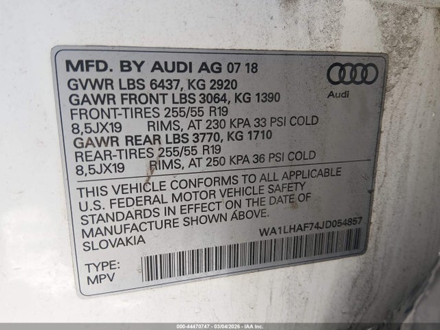 2018 Audi Q7 2.0t Premium მანქანა იყიდება აუქციონზე, vin: WA1LHAF74JD054857, აუქციონის ნომერი: 44470747