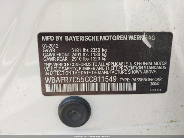 Продаж на аукціоні авто 2012 Bmw 535i, vin: WBAFR7C55CC811549, номер лоту: 44470757
