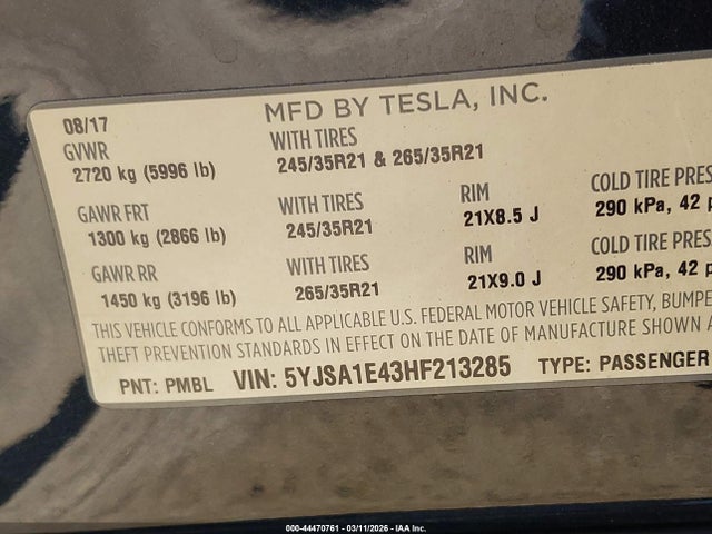 Tesla MODEL S 2017 5YJSA1E43HF213285 Image 9