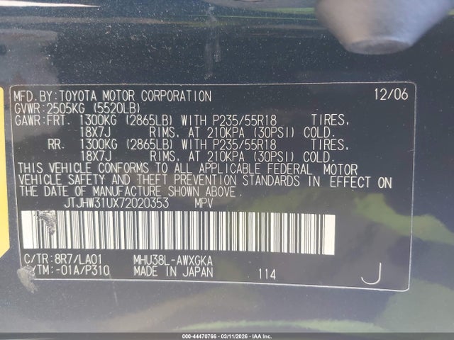 44470766 :رقم المزاد ، JTJHW31UX72020353 vin ، 2007 Lexus Rx 400h مزاد بيع