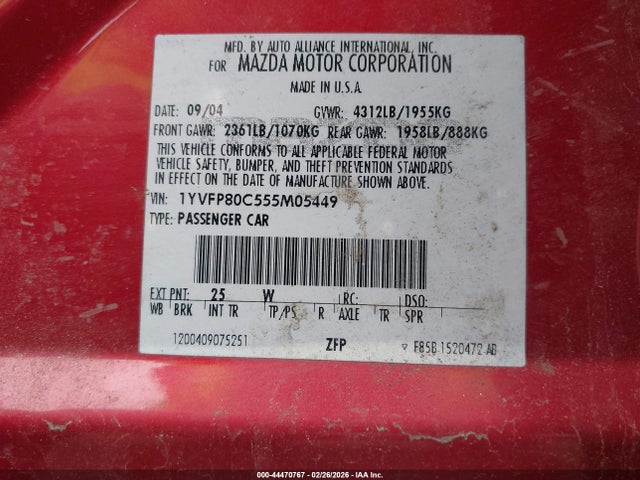 Aukcja sprzedaży 2005 Mazda Mazda6 I Base, vin: 1YVFP80C555M05449, numer aukcji: 44470767
