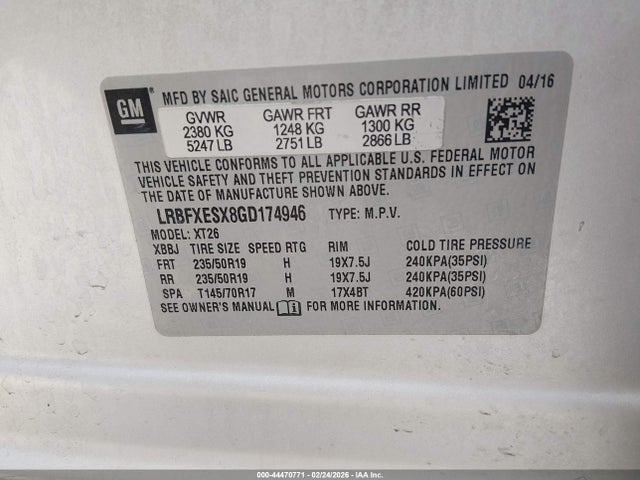 44470771 :رقم المزاد ، LRBFXESX8GD174946 vin ، 2016 Buick Envision Premium I مزاد بيع