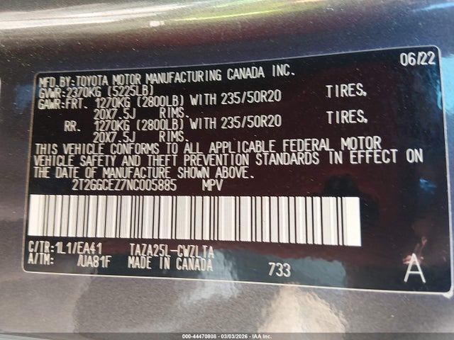 44470808 :رقم المزاد ، 2T2GGCEZ7NC005885 vin ، 2022 Lexus Nx 350 Premium مزاد بيع