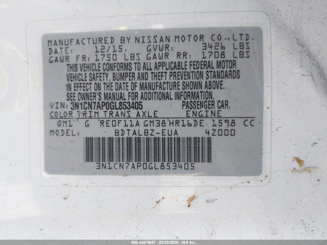 3N1CN7APOGL853405 Nissan Versa 1.6 S/1.6 S+/1.6 Sl/1.6 Sv