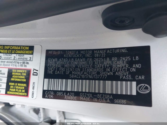 Продаж на аукціоні авто 2022 Lexus Es 350, vin: 58ACZ1B17NU137777, номер лоту: 44470859