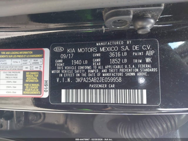 3KPA25AB2JE059958 KIA RIO LX