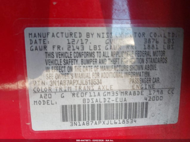 3N1AB7APXJL618534 Nissan SENTRA SV