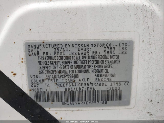 44470887 :رقم المزاد ، 3N1AB7APXEY297488 vin ، 2014 Nissan Sentra Sv مزاد بيع