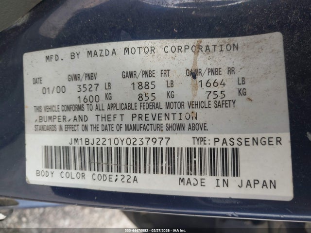 2000 Mazda Protege Es მანქანა იყიდება აუქციონზე, vin: JM1BJ2210Y0237977, აუქციონის ნომერი: 44470892