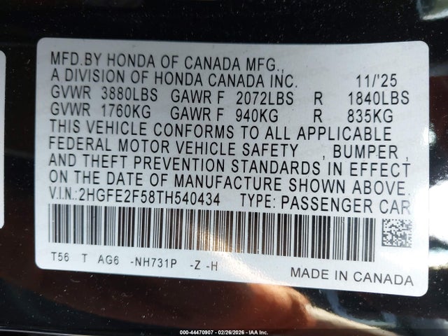 Honda Civic Sport 2026 2HGFE2F58TH540434 Image 9
