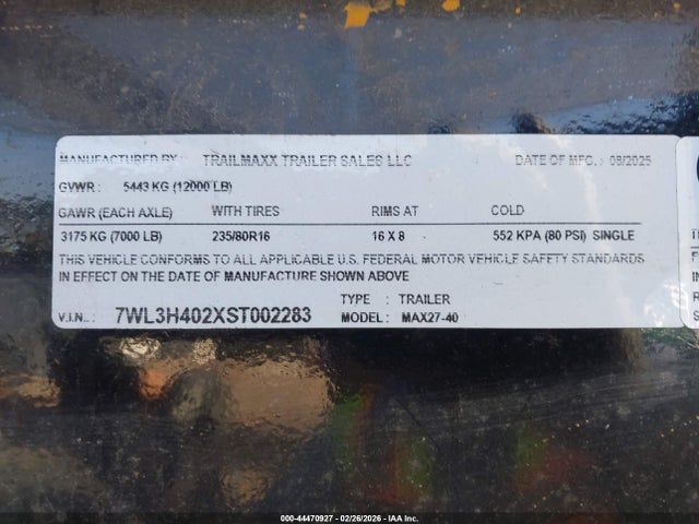 Продажа на аукционе авто 2025 Trailmaxx Gooseneck, vin: 7WL3H402XST002283, номер лота: 44470927