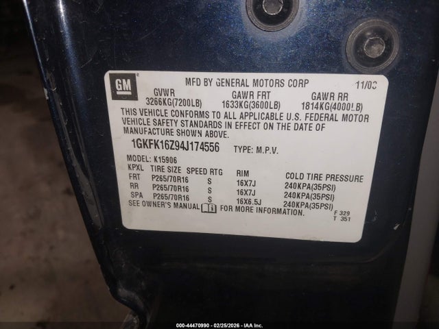 Aukcja sprzedaży 2004 Gmc Yukon Xl 1500 Sle, vin: 1GKFK16Z94J174556, numer aukcji: 44470990